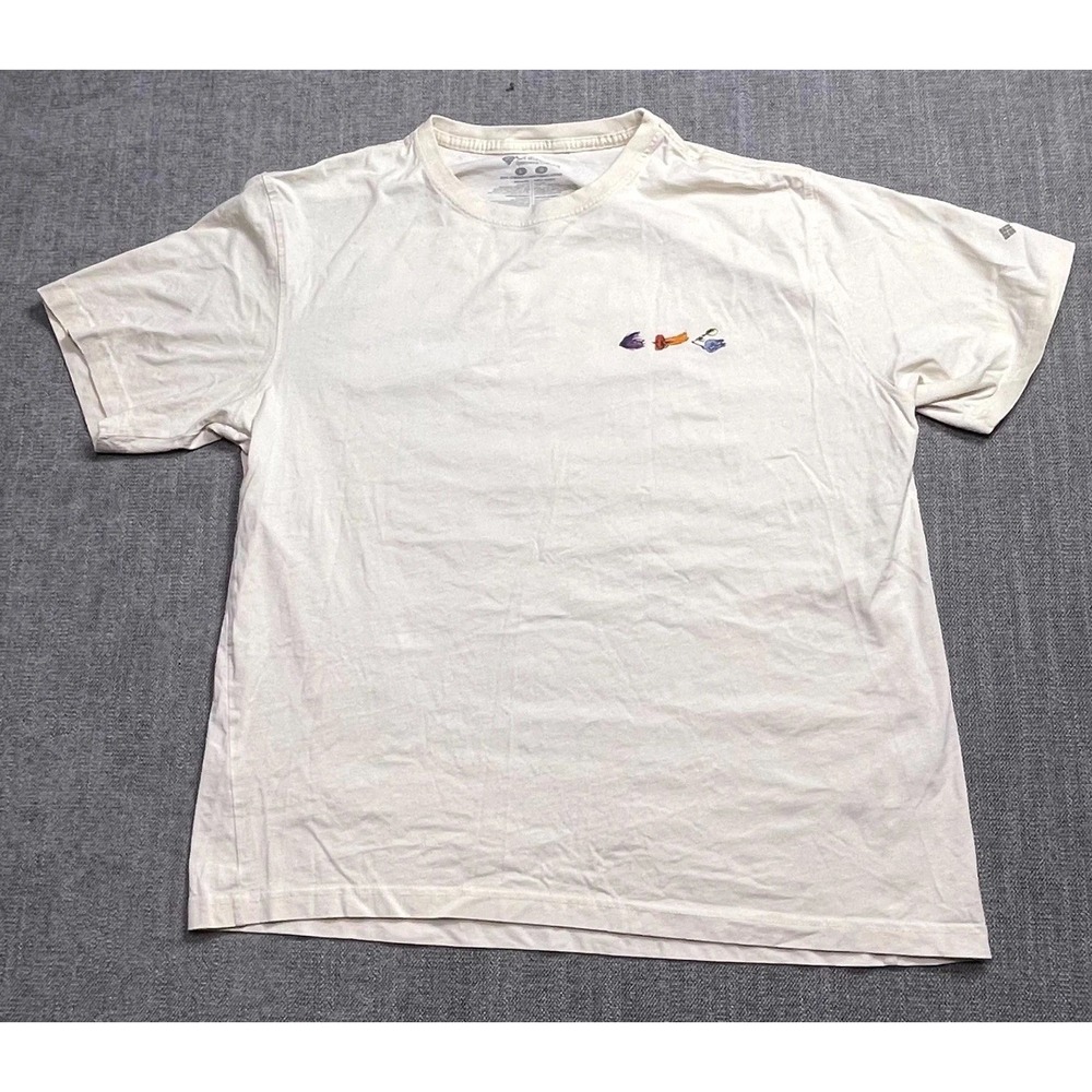 Columbia T Shirt Men Large Beige Graphic Periodic Table Of Fishing Lures & Flies
